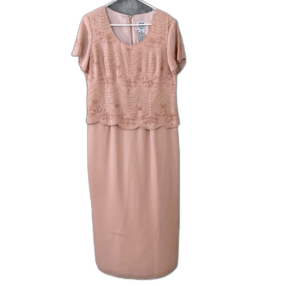 R&M RICHARDS 2N1 Beaded Bodice midi Dress women’s size 12P  Blush Lined